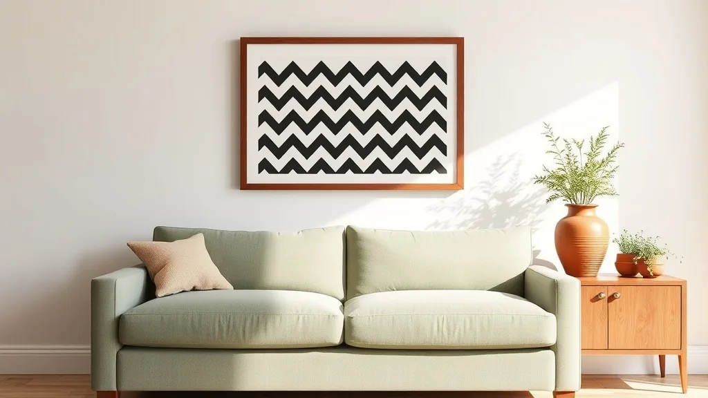 Affiche encadrée au motif chevron noir et blanc, accrochée à un mur clair dans un intérieur sobre