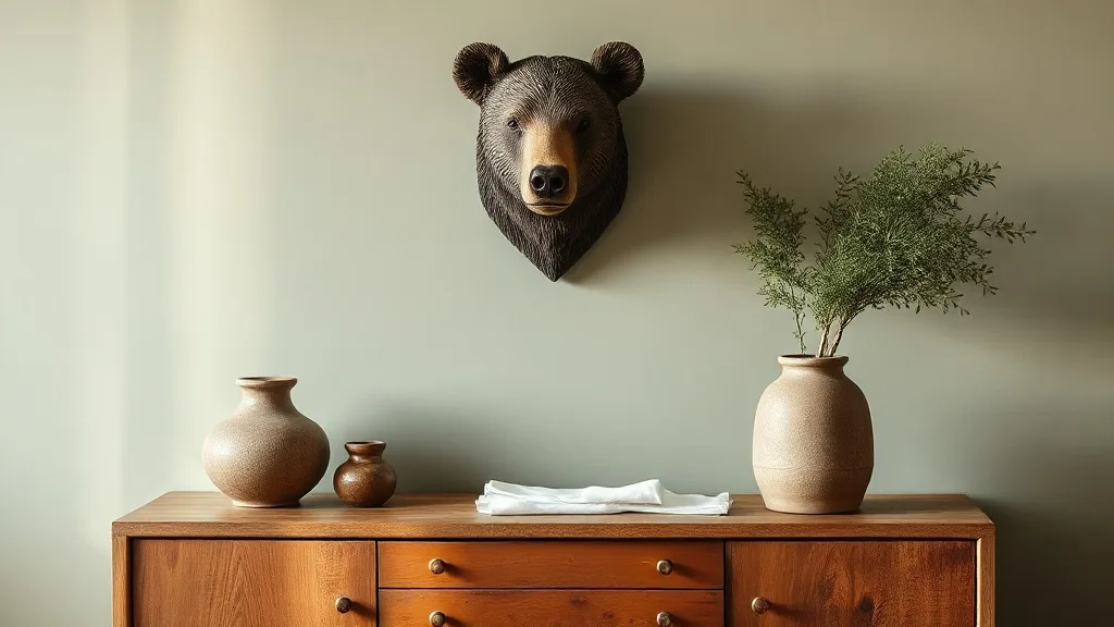Trophée de chasse tête d'ours en bois sculpté fixé sur un mur blanc