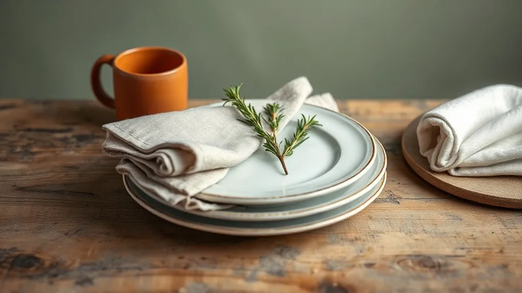Assiette plate en porcelaine blanc cassé, bord légèrement arrondi, posée sur une planche en bois sombre patiné