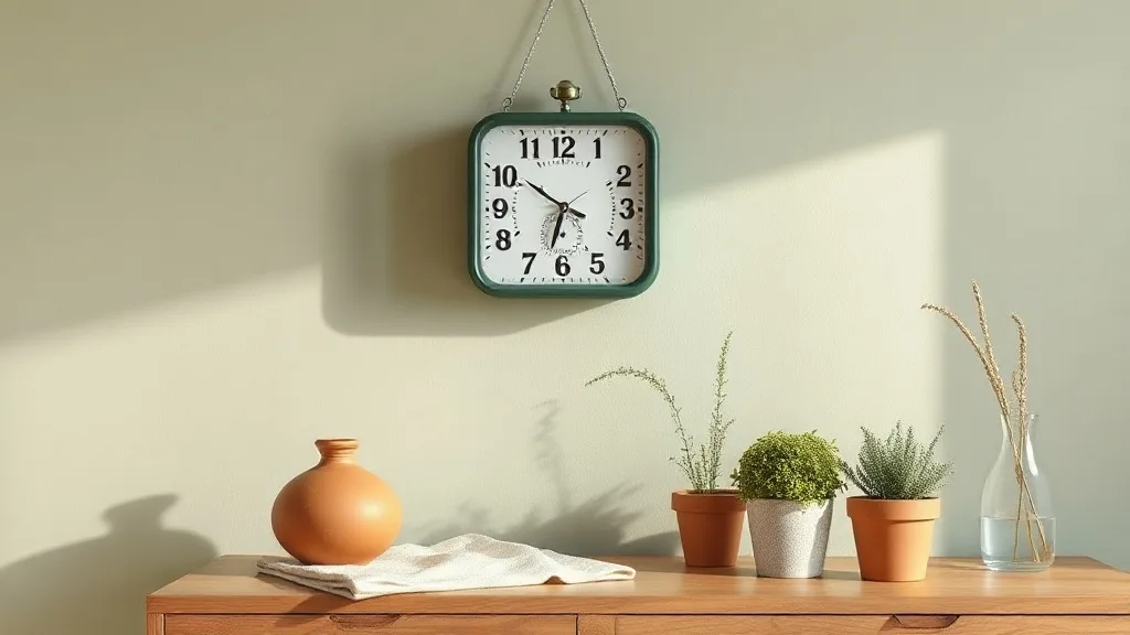 Calendrier horloge mural carré vert avec affichage à lames blanches, style rétro, fixé sur un mur blanc cassé