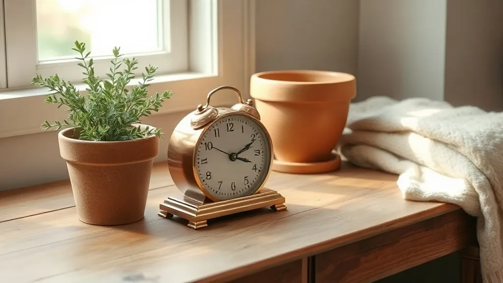 Horloge de bureau en métal cuivré posée sur un meuble en bois, cadran épuré et reflets chauds