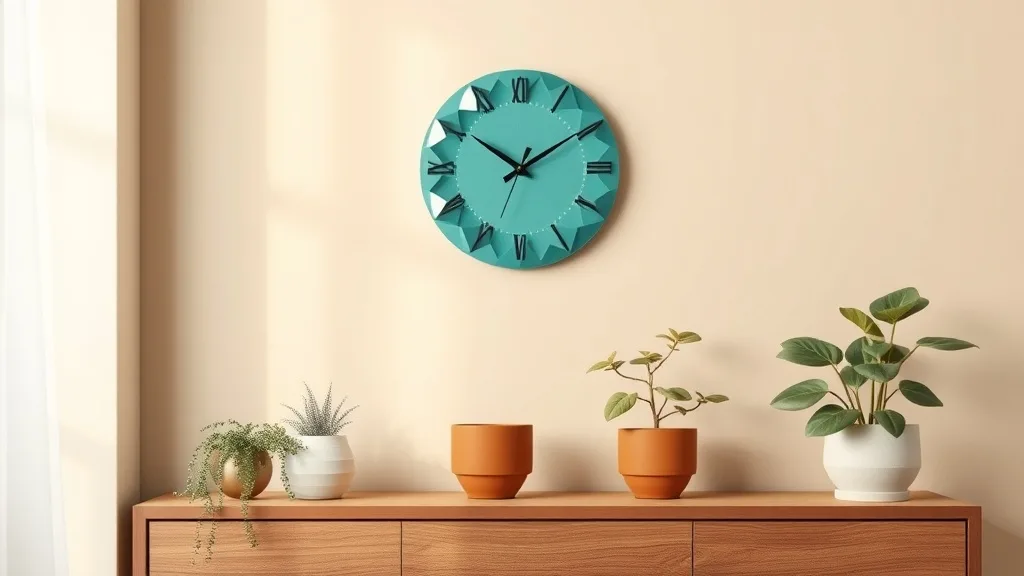 Horloge murale géométrique en forme de diamant avec un cadran turquoise, aiguilles noires et boîtier en bois, accrochée sur un mur blanc dans un intérieur moderne