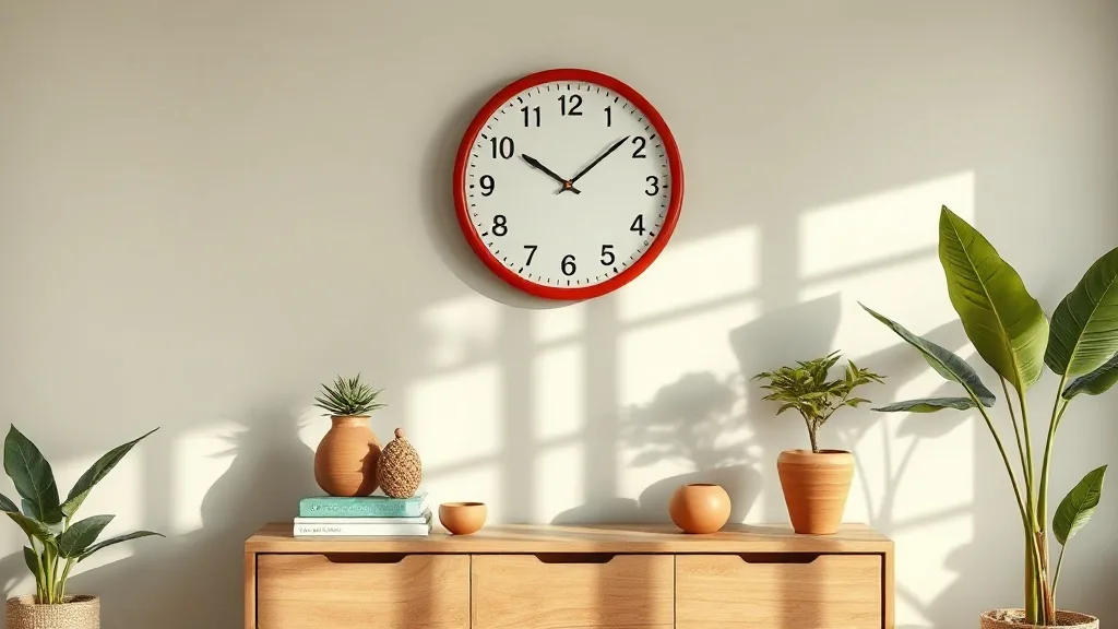 Horloge murale Bullitt rouge au design Mid-Century sur un mur clair, cadran blanc, chiffres noirs, fines aiguilles métalliques