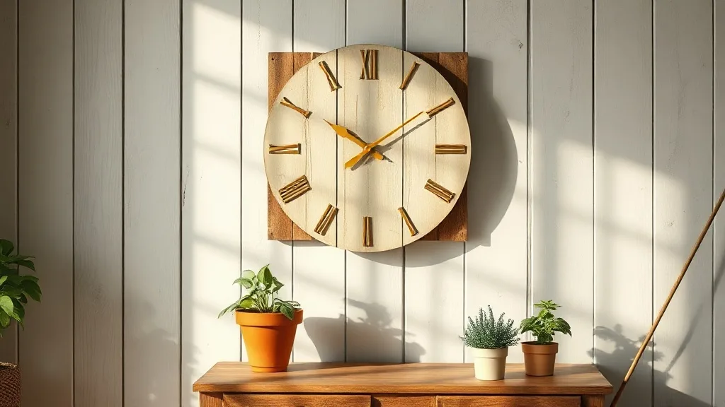 Horloge murale fabriquée avec des lames de palette peintes en blanc et chiffres dorés