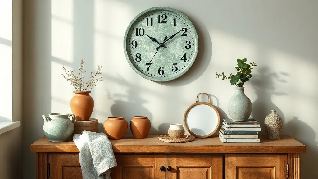 Horloge murale ronde à effet marbre vert avec aiguilles dorées sur un mur clair