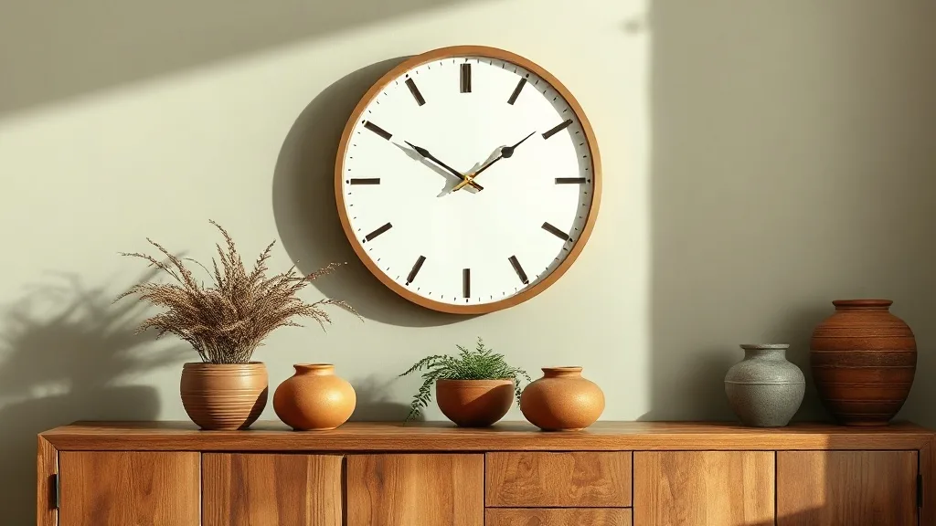 Horloge murale ronde en cuivre sans chiffres sur un mur blanc, aiguilles fines en métal cuivré