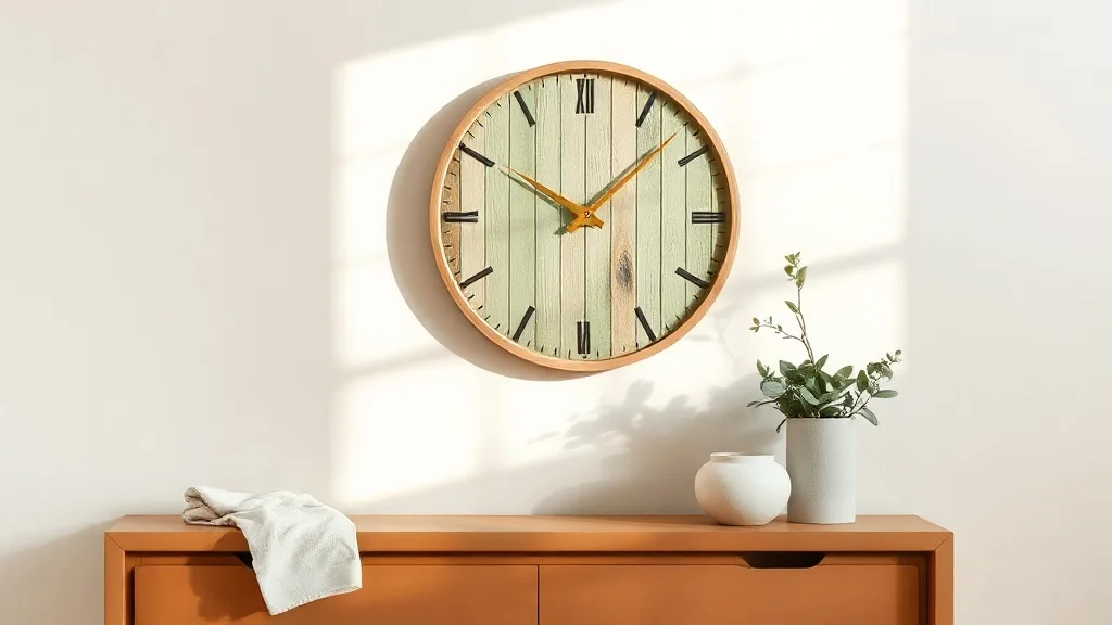 Horloge murale ronde en bois vert clair fixée sur un mur neutre, aiguilles noires fines