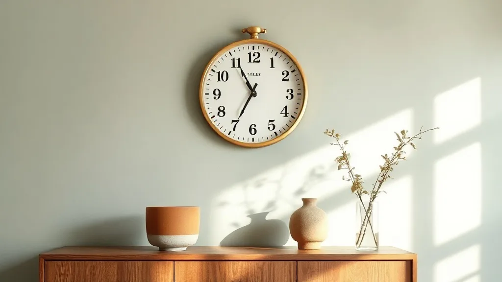 Horloge murale ronde minimaliste en métal blanc avec cadran et aiguilles en laiton sur un mur clair