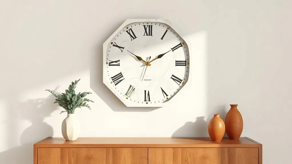 Horloge hexagone marbre blanc et laiton : l'objet qui tient le mur