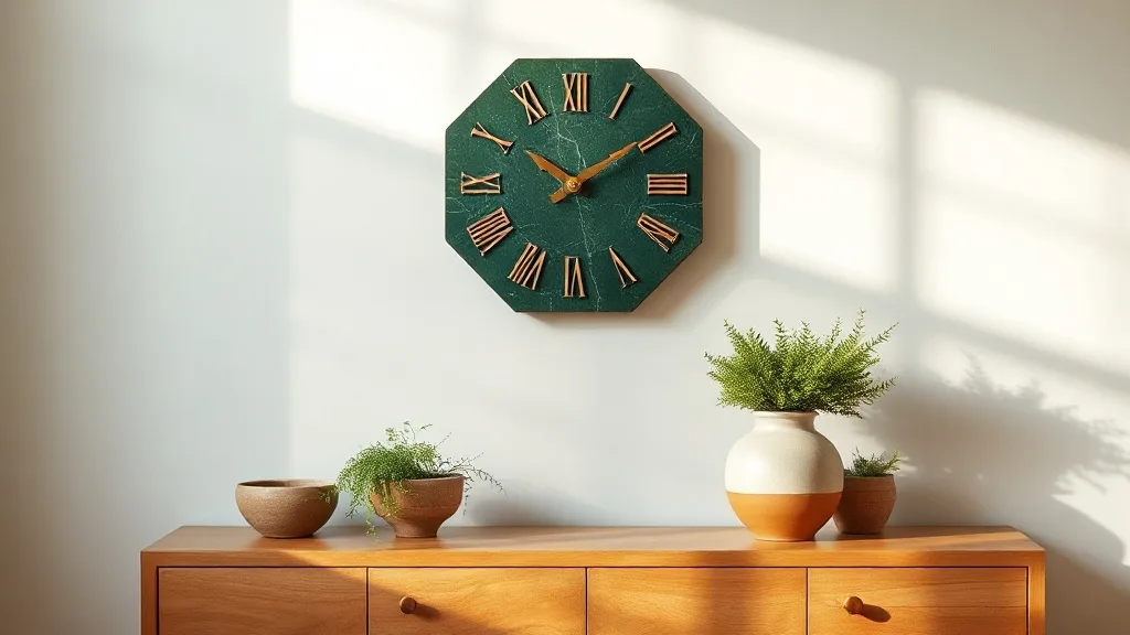 Horloge murale hexagonale en marbre vert avec aiguilles en laiton sur un mur blanc
