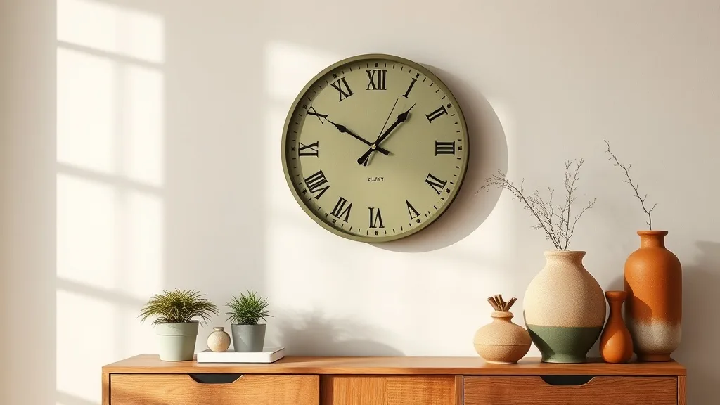 Horloge murale ronde vert olive avec cadre en métal laiton, fixée sur un mur clair, aiguilles fines indiquant 10h10
