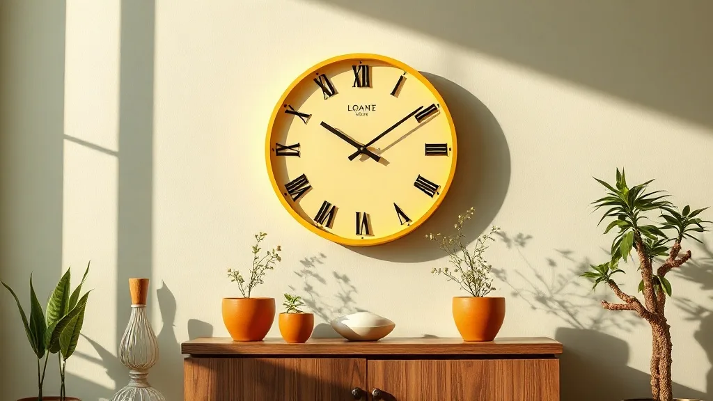 Horloge murale jaune style industriel années 50 avec cadran clair et aiguilles noires, fixée sur un mur en brique peinte en blanc