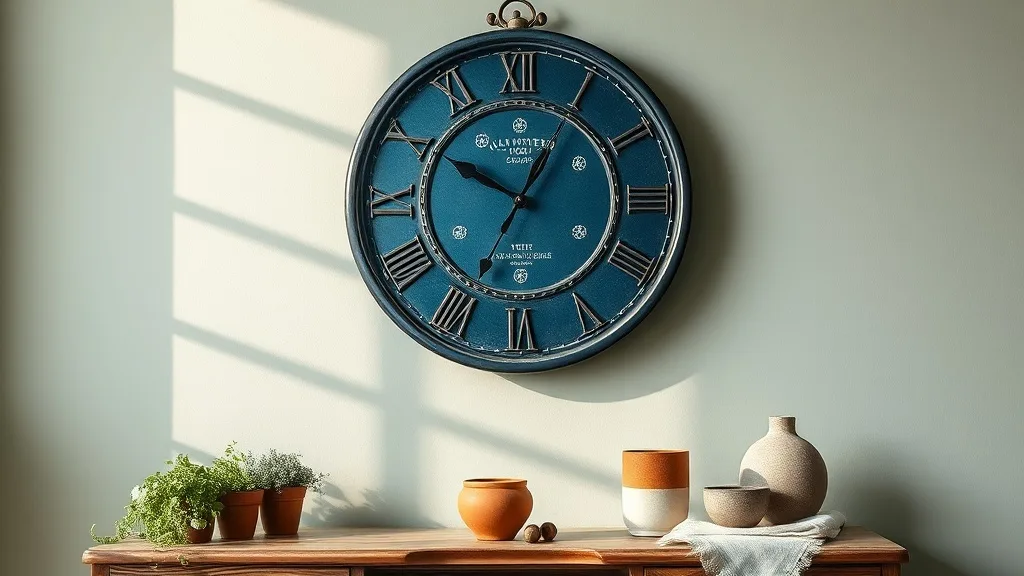 Horloge murale Pantry au cadran bleu profond et aiguilles blanches, fixée sur un mur en brique peinte en blanc.