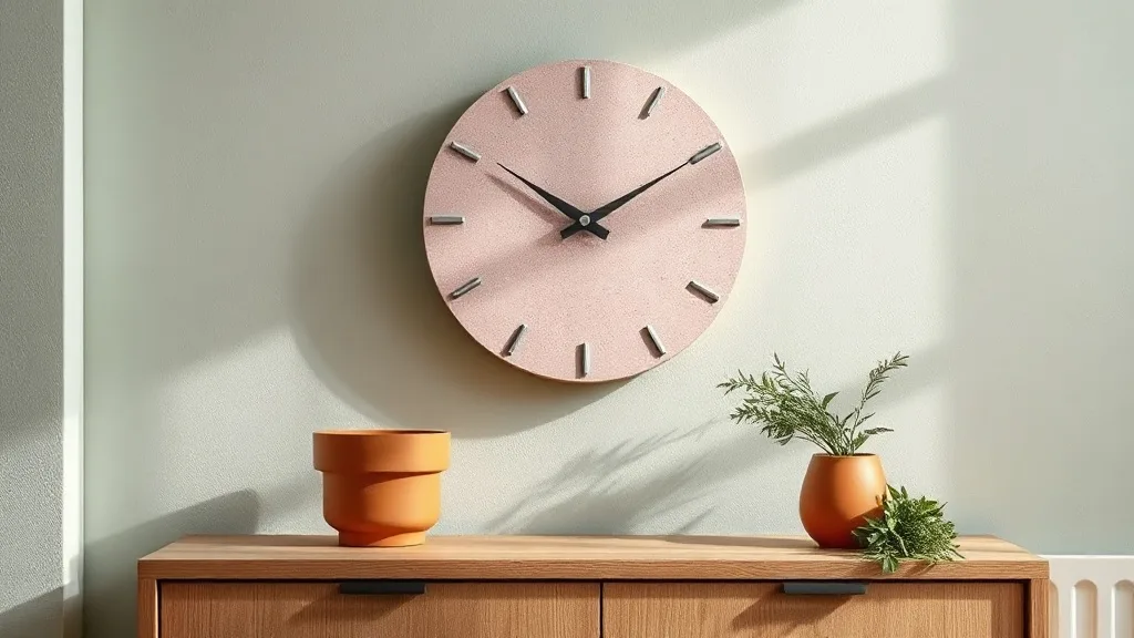 Cadran d'horloge en béton rose à motifs terrazzo, avec des aiguilles noires épaisses et un mouvement quartz silencieux.
