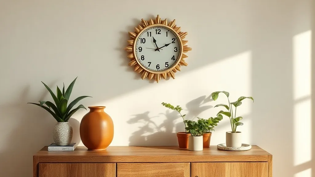 Horloge murale style rayon de soleil aux branches multicolores pastel sur fond clair