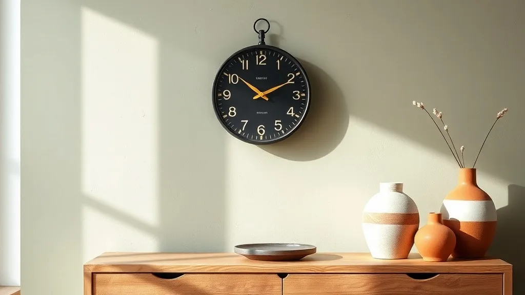 Petite horloge murale ronde en métal noir avec un cadran doré, posée contre un mur blanc pour illustrer son diamètre discret.