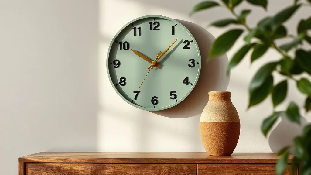 Horloge ronde vert jade avec aiguilles dorées fixée sur un mur blanc, lumière douce