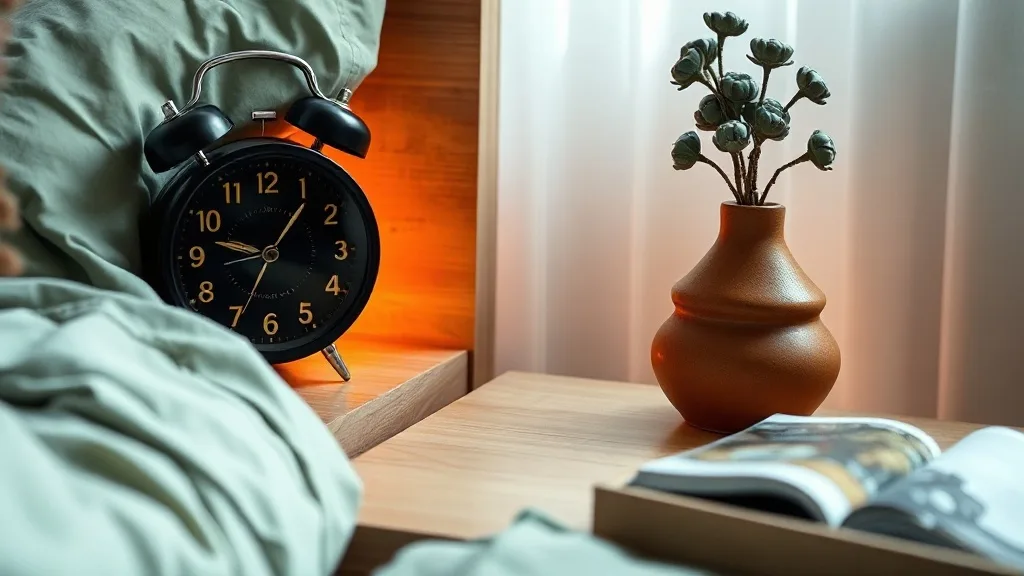 Réveil Bubble noir posé sur une table de nuit en bois clair, cadran rond et profil galbé, lumière douce