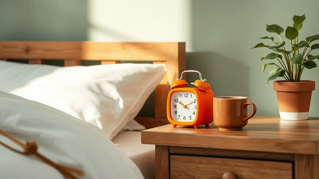Un réveil cubique orange posé sur une table de chevet en bois clair, à côté d'un verre d'eau et d'un livre.