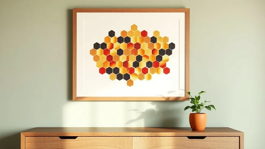 Affiche décorative motif nid d'abeilles multicolore dans un cadre en bois blanc avec passe-partout, accrochée sur un mur clair