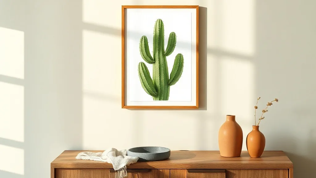 Affiche encadrée cactus vert sur fond pêche, cadre doré