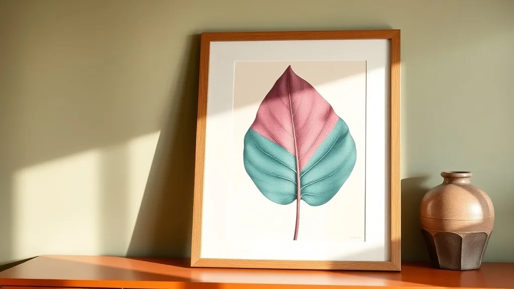Affiche botanique feuille bleu sarcelle et rose, encadrée de bois blanc, format A2 sur un mur clair