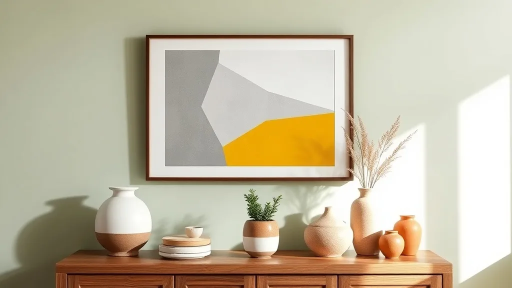 Affiche géométrique à motif flèche dans des tons gris et moutarde, encadrée de bois clair, accrochée au-dessus d'un buffet en bois massif.
