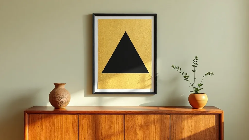 Affiche encadrée avec un triangle noir sur fond doré, format A2, accrochée sur un mur blanc dans un intérieur contemporain.
