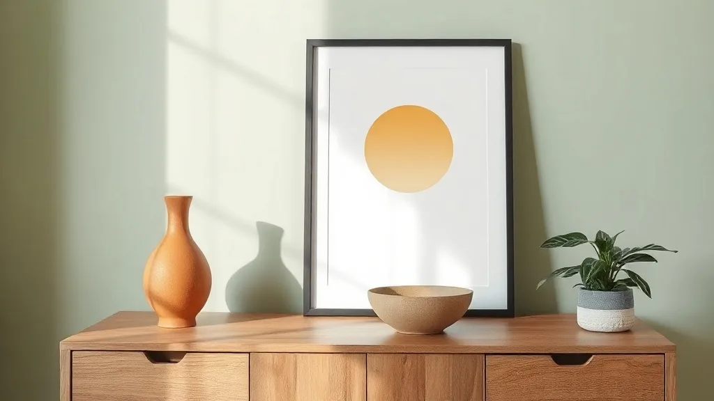 Soleil abstrait aux formes géométriques épurées, encadré de noir, sur un mur blanc texturé.