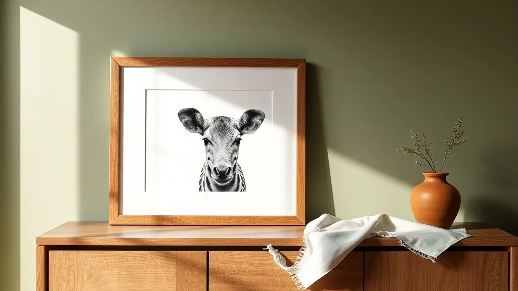 Illustration noir et blanc d'un zèbre, affiche A2 encadrée de chêne naturel accrochée à un mur clair.