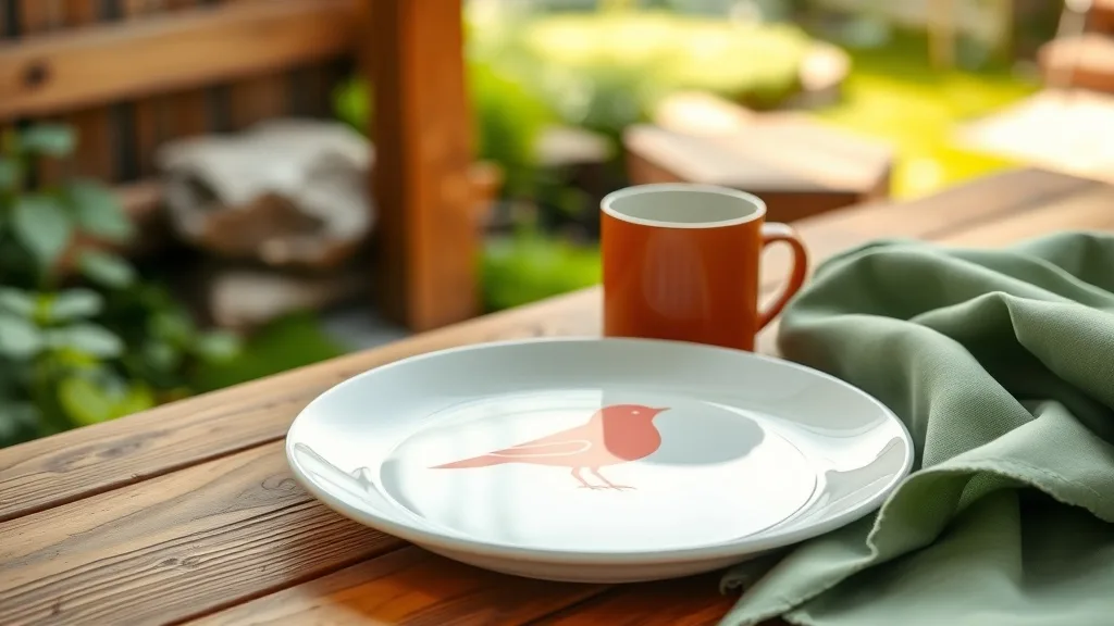 Assiette en mélamine blanche ornée d'un oiseau rose au style graphique rétro, signée Ingela P. Arrhenius