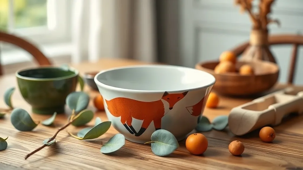 Bol en mélamine orange au motif renard souriant, avec feuilles vertes, sur fond blanc