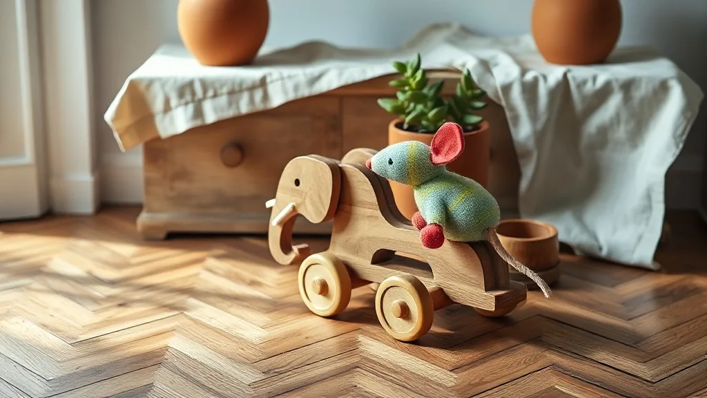 Jouet à tirer en bois en forme d'éléphant et souris multicolore posé sur un parquet ancien