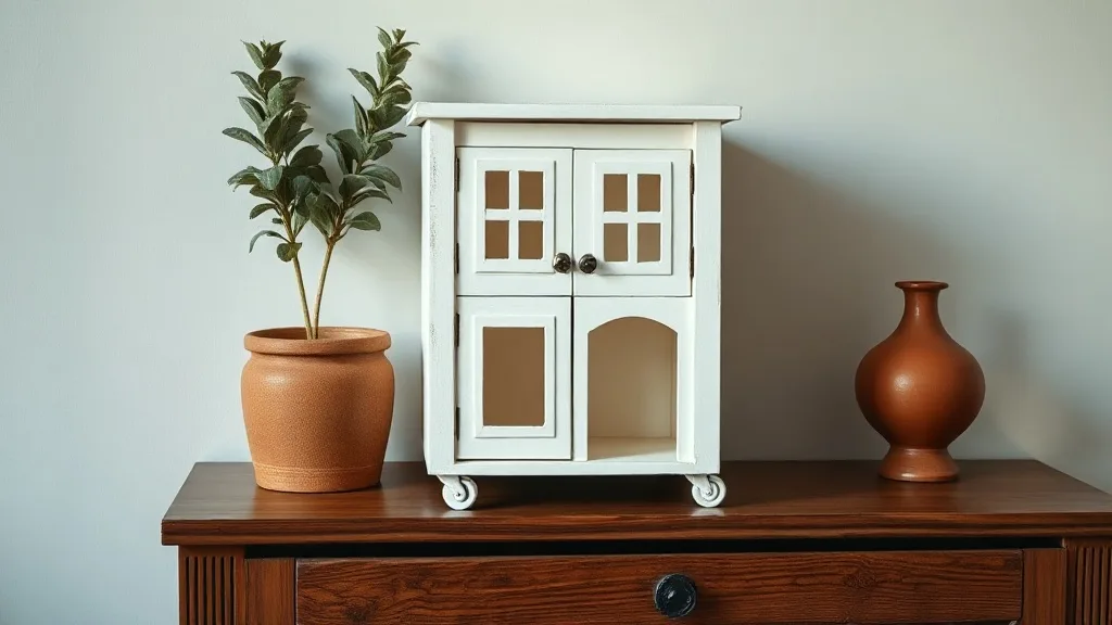 Une maison de poupée en carton peint en blanc montée sur roulettes, fenêtres découpées, toit en triangle, posée sur un parquet en bois