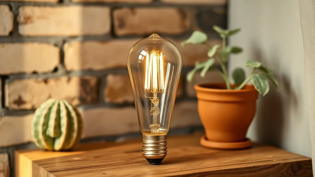 Ampoule Edison à quatre filaments E27 allumée dans une suspension en métal, lumière chaude sur un mur en brique