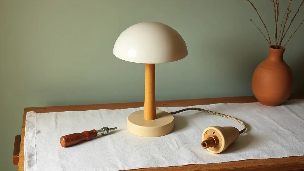 Une lampe de table champignon vintage en cours de restauration électrique, avec son cordon textile et sa douille apparente.