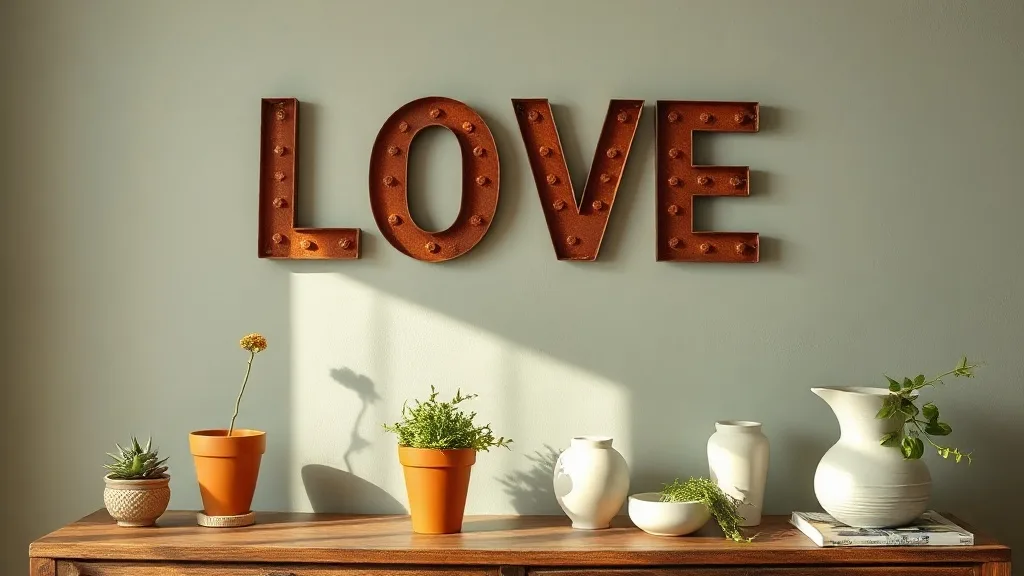 Enseigne lumineuse LOVE en métal rouillé avec ampoules LED, posée sur un buffet en bois.