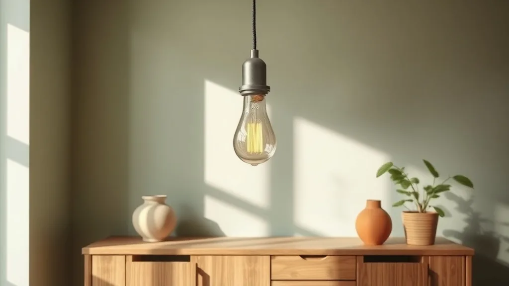 Suspension LED métal noir à ampoule visible en forme de poire, fixée à une poutre, projetant une lumière chaude sur un plan de travail en chêne