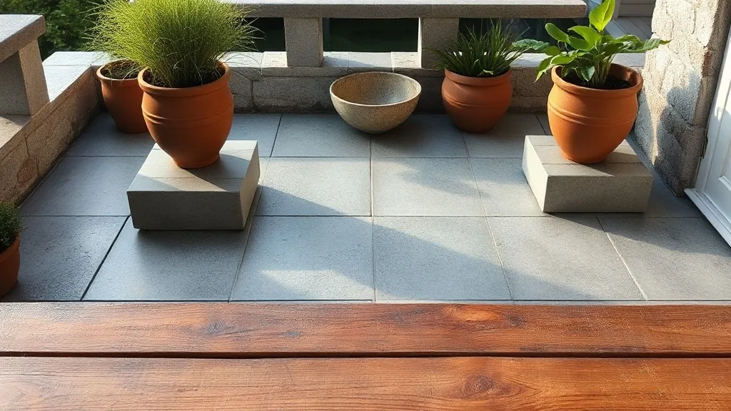 Terrasse carrelée posée sur des plots réglables, vue en coupe montrant les supports sous une dalle